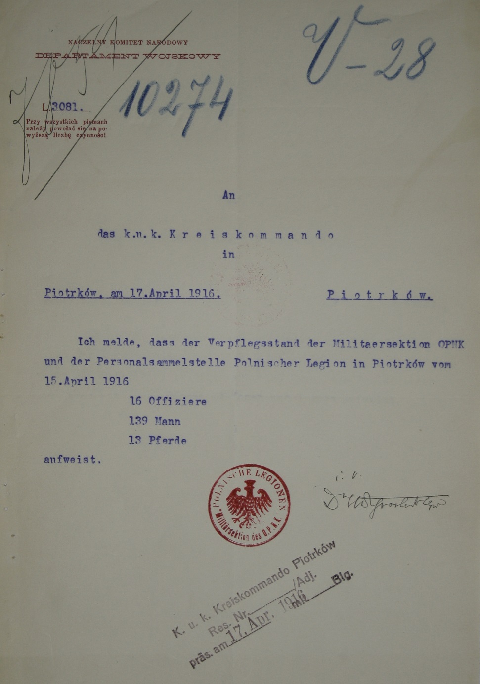 Pismo z informacją o stanie kadrowym oddziałów legionowych w Piotrkowie w kwietniu 1916 r.